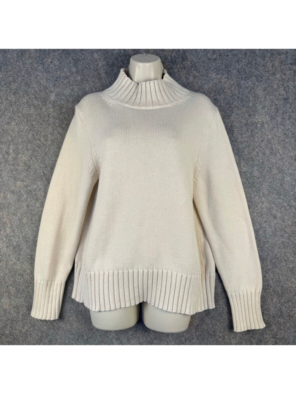 J Crew Funnel Neck Cream Chunky Knit Sweater Size M 100% Cotton Preppy 373
